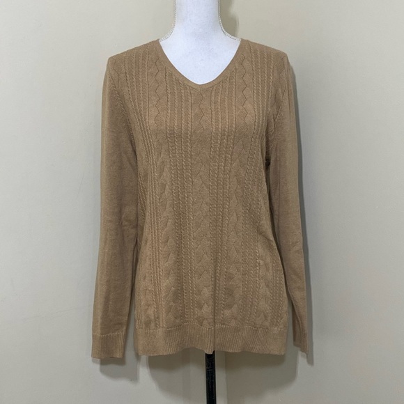 Talbots || Woman’s v neck knot tan sweater size Medium - Picture 1 of 6